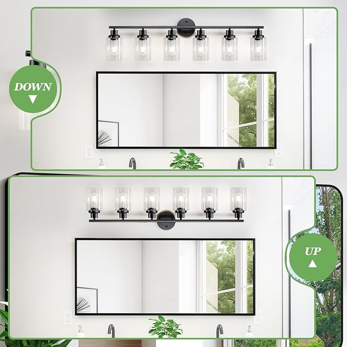 6-Light E26 Black Bathroom Vanity Lights, Modern Bathroom Light Fixtures with Clear Glass Shade, Wall Lamps for Mirror Hallway Kitchen Cabinet Living Room Sconces Lights