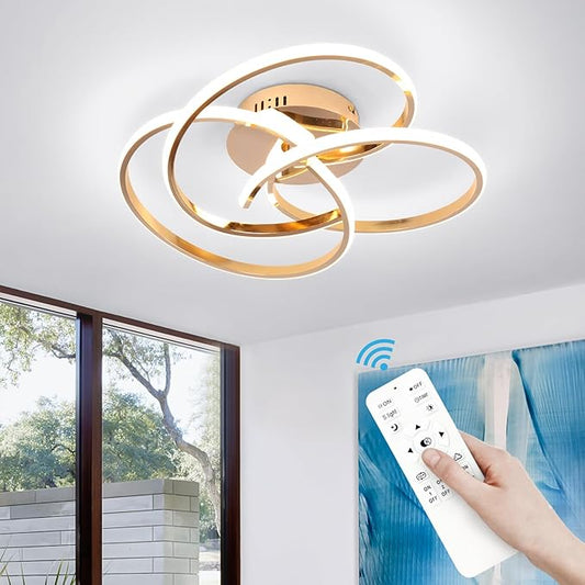 CANEOE Modern LED Ceiling Light Fixture, 42W Gold Dimmable Flush Mount Ceiling Light with Remote Control, Curve Design Close to Ceiling Lamp for Bedroom Living Dining Room Kitchen