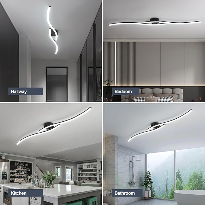 47.24Inch Linear Ceiling Light 6000K Black Modern Ceiling Light Fixture 35W Long Flush Mount Ceiling Lamp for Hallway, Kitchen, Bedroom, Dining Room