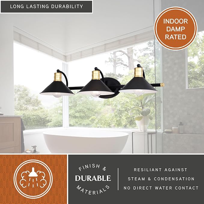 VAXCEL Akron 3-Light 28 inch Wide Matte Black and Natural Brass Industrial Bathroom Vanity Lighting Fixture, Metal Shade, Dimmable, LED Compatible, Over The Mirror Mounted Steel Wall Sconce