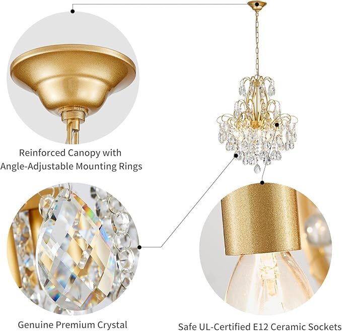 WUZUPS 5-Light Crystal Candle Chandelier Pendant Ceiling Modern Lighting Fixture for Bedroom Hallway Bar Kitchen Bathroom, H 22.8" W19.7, E12 Base, Gold