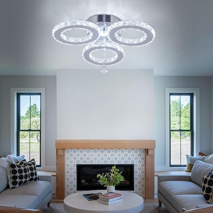LED Crystal Ceiling Light 13x3.5 Inches 3 Rings Crystal Chandelier Flush Mount Lighting Fixture for Bedroom Hobby Living Room (Cool White)