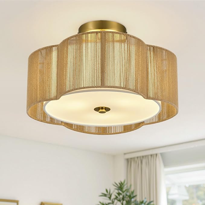 VONLUCE Semi-Flush Mount Boho Ceiling Light, 14" 4-Light Rattan Ceiling Light Fixture with 2 Tier Rattan Fabric Clover Shade, Lighting for Bedroom Dining Living Room, Gold Finish, ETL Certificated