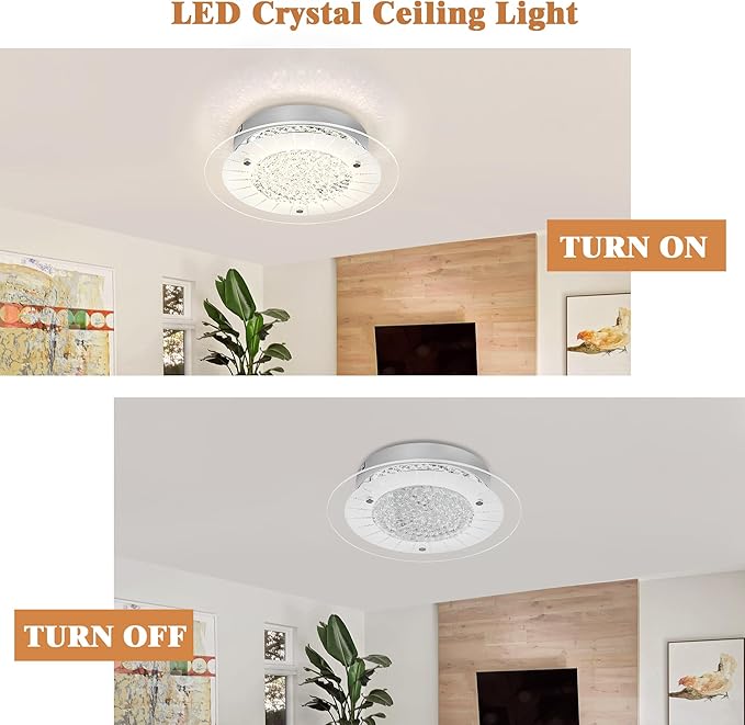 Crystal Ceiling Light Fixture Dimmable Modern Kitchen Light Fixtures LED 11" Flush Mount Ceiling Light Fixture for Bedroom Bathroom Hallway Foyer Entrance Laundry Room Closet
