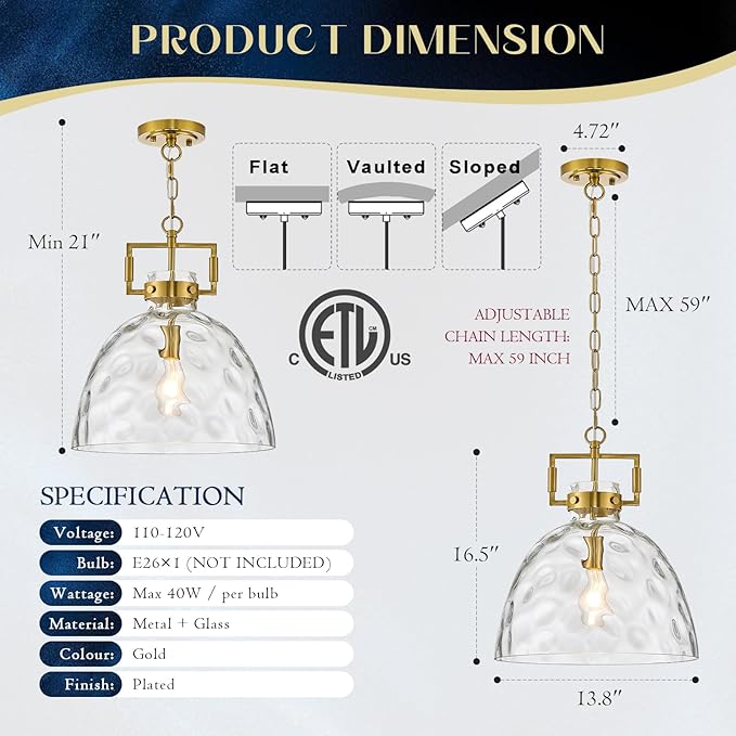 Glass Pendant Light, 13.8 Inch Single Hanging Ceiling Light with Adjustable Chain, E26 Base Oversized Clear Glass Kitchen Island Pendant Lighting in Brass Gold for Dining Room, Entryway
