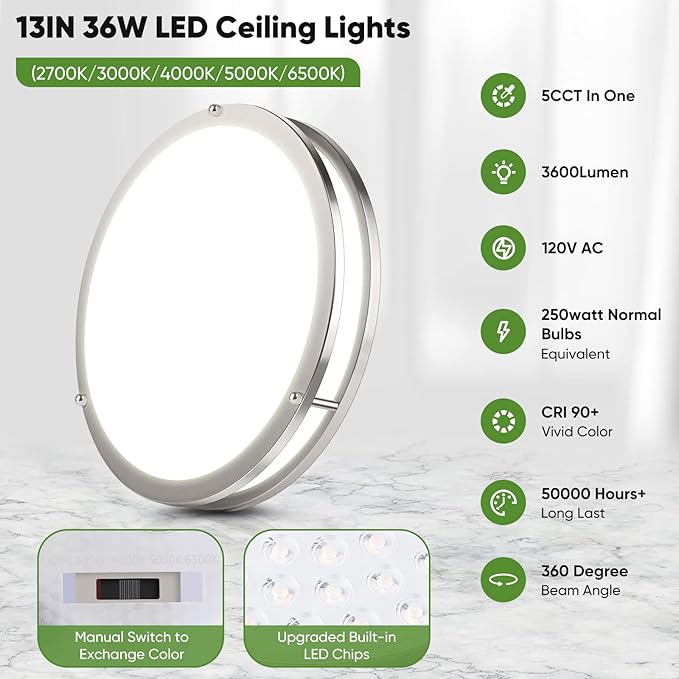36W LED Ceiling Lights 3600lm Super Bright, Dimmable Flush Mount Light Fixtures 6500K/5000K/4000K/3000K/2700K Adjusted Modern Ceiling Lights 2PACK, 13 Inch Ceiling Lamps for Bedroom Kitchen, Nickle