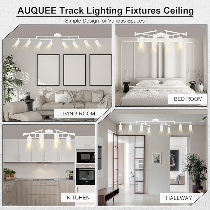 AUQUEE 8 Light Track Lighting Fixtures Ceiling, Matte White Kichen Track Lighting Fixtures, Rotatable Light Heads, Adjustable Modern LED Track Lights for Kitchen/Hallway, No GU10 Bulb