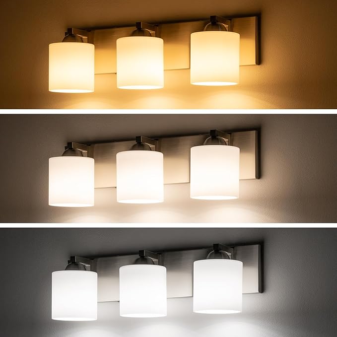 mirrea 22-inch 3-Light Brushed Nickel Vanity Light Fixture for Mirror, Bathroom Wall Sconce with Frosted White Glass Shades