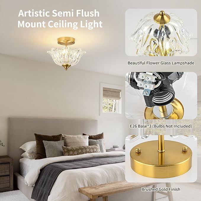 Semi Flush Mount Ceiling Light, Gold Vintage Light fixtures with Floral Clear Glass Shade, Modern Close-to-Ceiling Lighting for Bedroom Kitchen Living Room Hallway