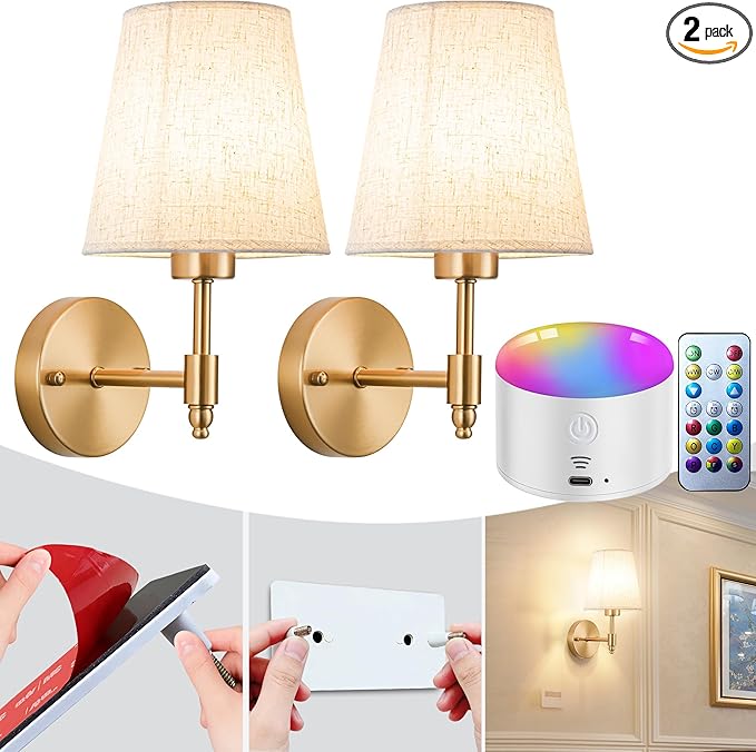 YHCDLAMP Peel and Stick Wall Sconces, No Drilling Stick On Wall Sconce, Wireless Battery Operated Wall Lights, Adhesive Wall Lamp with 10000mAh Battery Bulb for Bedroom Living Room Decor
