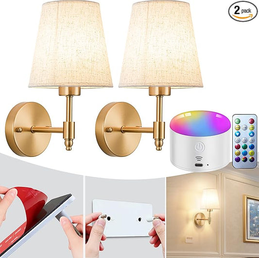 YHCDLAMP Peel and Stick Wall Sconces, No Drilling Stick On Wall Sconce, Wireless Battery Operated Wall Lights, Adhesive Wall Lamp with 10000mAh Battery Bulb for Bedroom Living Room Decor