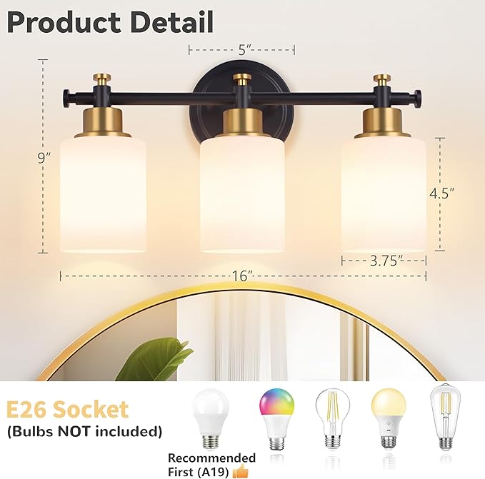 3-Light Bathroom Vanity Light, Black and Gold Vanity Lights for Bathroom with Milky White Glass Shade, Vanity Light Fixture Over Mirror, Modern Style, 16 Inch Compact, E26 Base
