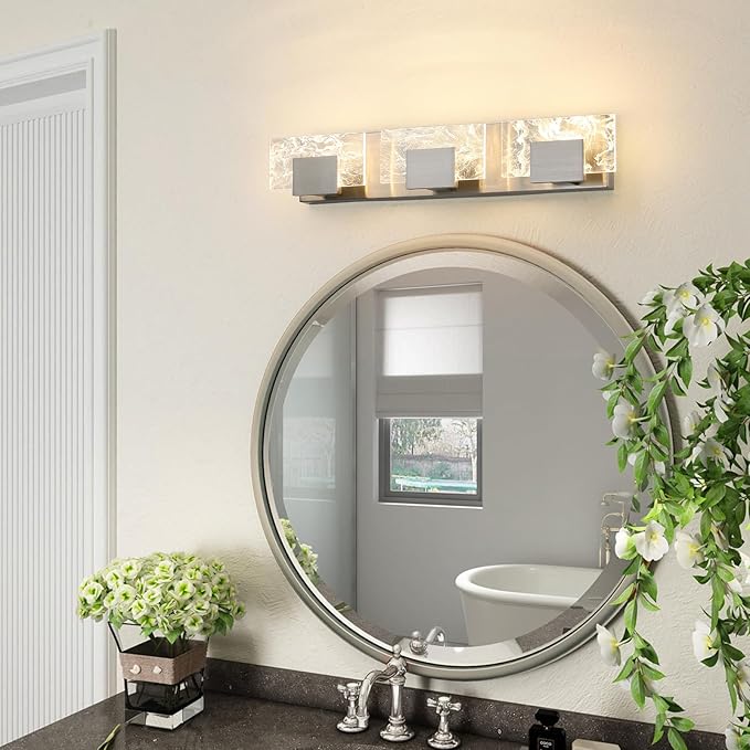 LED Bathroom Vanity Light: 24 Inch Brushed Nickel Acrylic Modern Lighting Fixtures - 3-Lights Contemporary Smoke Design Wall Lights Fixture Over Mirror 3000K
