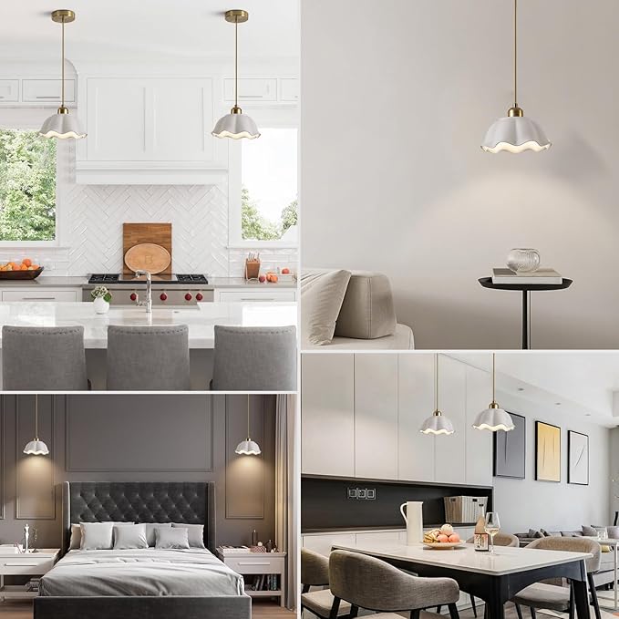 Modern Gold Milk Glass Pendant Light Mid Century Adjustable White Ceramic Hanging Light Fixture Vintage Brass Pendant Light Kitchen Island Nordic Hanging Lamp (2 Pack) MPL11-2 GD