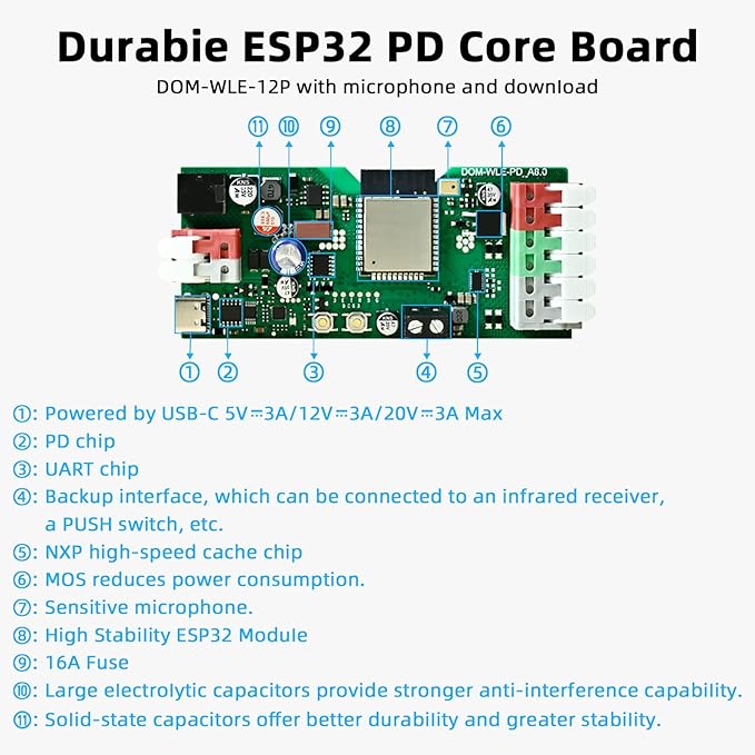 ESP32 WLED Controller with 16A Fuse for 5V-24V LED Strip Dynamic RGB IC DIY Port WiFi App Control Easy Wiring FCOB Addressable Strip Light (DOM-WLE-12P with Mic/UART)