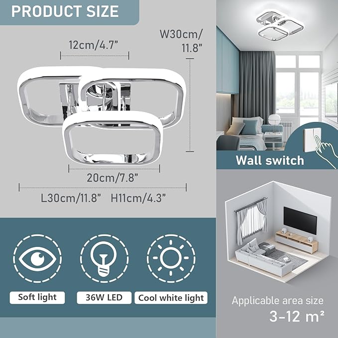 EIDISUNY Modern LED Ceiling Lights, 36W Square Ceiling Lights Fixture LED for Hallway Office Bedroom Kitchen Living Room Lamp Dining Room - Chorme (Cool White Light 6000K)