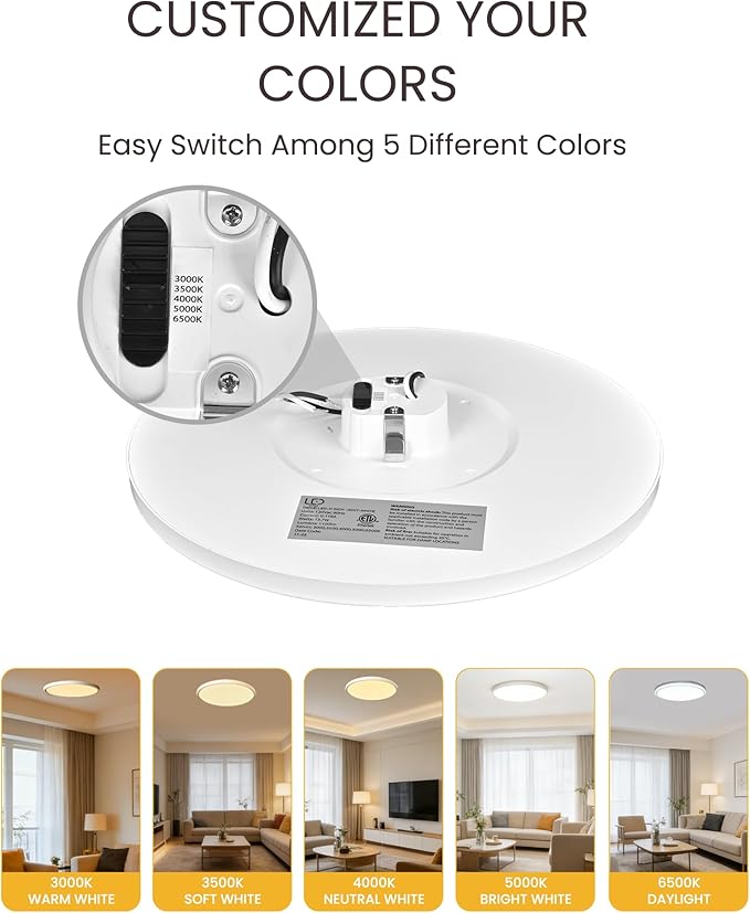 LEDYOND 11in Ultra-Thin LED Ceiling Light (0.52in), 5 Color Temperatures (3000K-6500K), 1100 Lumens Dimmable Flush Mount Ceiling Light Fixture, Compatible with Most Dimmers, Flicker-Free - 1 PK/White