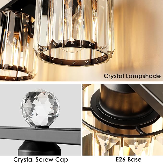 3-Light Black Modern K9 Crystal Vanity Lights, Black Bathroom Light Fixtures Stainless Steel Crystal Vanity Light Fixture