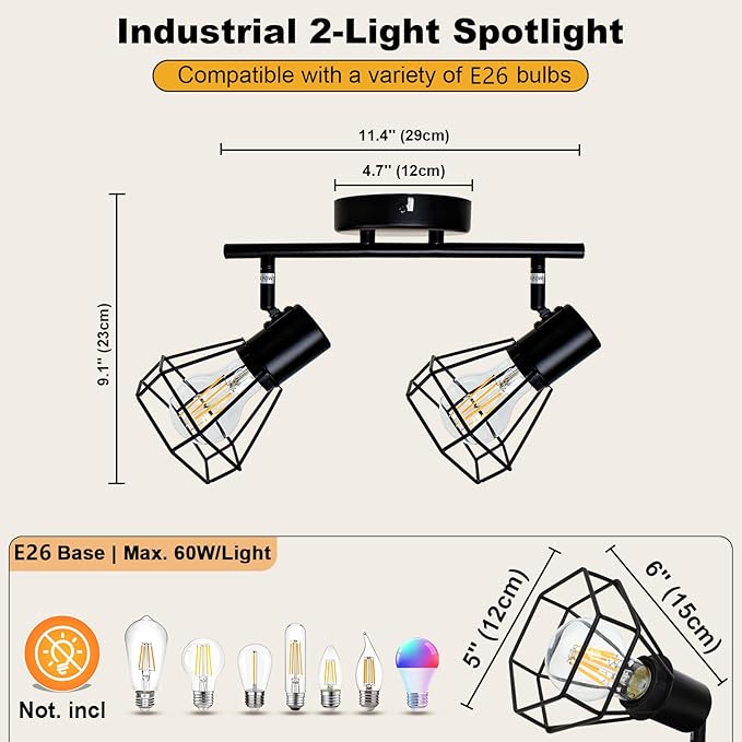 HiBay 2-Light Track Lighting Black, Rotatable Directional Ceiling Light Fixtures, Farmhouse Geometric Metal Cage Industrial Spotlight for Kitchen, Bedroom, Hallway, E26 Base (Bulbs Not Included)