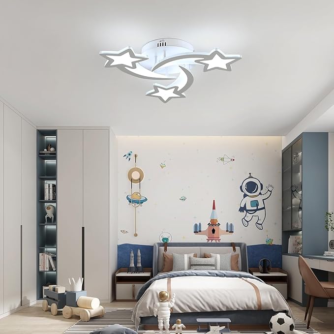 Goeco Kidsroom Ceiling Light, 3 Light Mode (3000K/4500K/6000K) White Acrylic Close to Ceiling Light Fixtures, Stars Cartoon Flush Mount Ceiling Lamp Fixture for Kids Room, Bedroom, Living Room