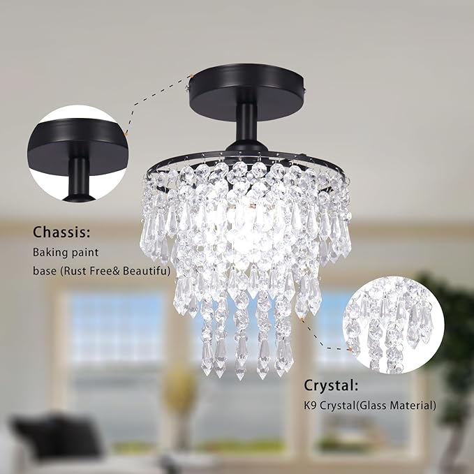 FRIXCHUR Small Crystal Chandelier Flush Mount Ceiling Light 3 Tiers Raindrops Crystal Chandeliers for Bedroom Hallway Foyer Living Room Entryway Closet,Black