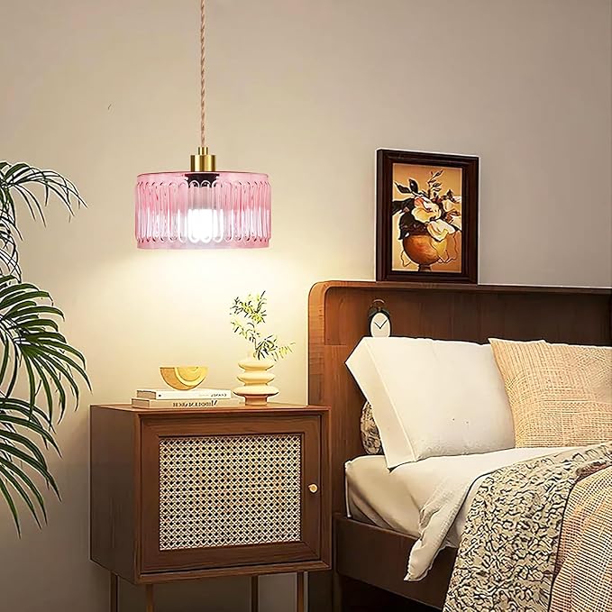 QIYIZM Pink Plug in Pendant Light Glass Hanging Lights with Plug in Cord Boho Hanging Lamp Gold Mid Century Modern Vintage Dimmable Flower Plug in Chandelier Ceiling Fixture for Living Room,Bedroom