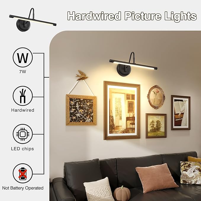JOOSENLUX LED Picture Light Hardwired Matte Black Modern Picture Lights for Paintings 16.54'' Inch Long Swing Arm Metal Art Lights Warm White 3000K