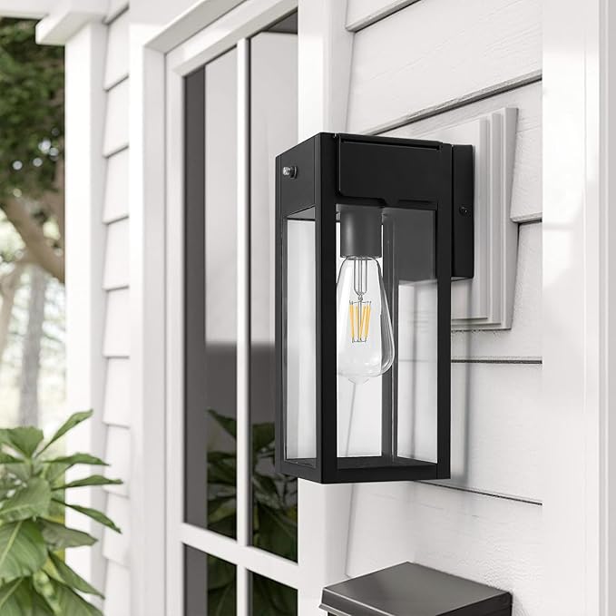 Dusk to Dawn Outdoor Light Fixtures Wall Mount, Outdoor Porch Lights with GFCI Outlet, Dusk to Dawn Outdoor Lighting for Doorway, Garage- Black, 1 Pack