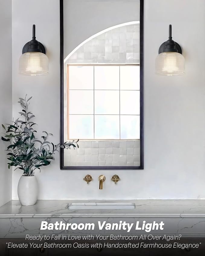 Vintage Wall Sconce Light Black Bathroom Vanity Light with Clear Checkered Glass Shade Hardwire Sconce Indoor Farmhouse Wall Lamp Fixture for Bathroom Mirror Living Room Bedroom Kitchen