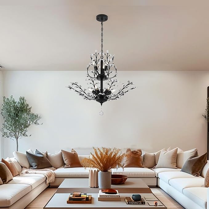 Black Crystal Chandelier, Farmhouse 8-Light Large Branch Pendant Light with Adjustable Chain, 2-Tier Vintage Flower Ceiling Hanging Chandelier for Dining Room, Living Room, Kitchen, Hallway