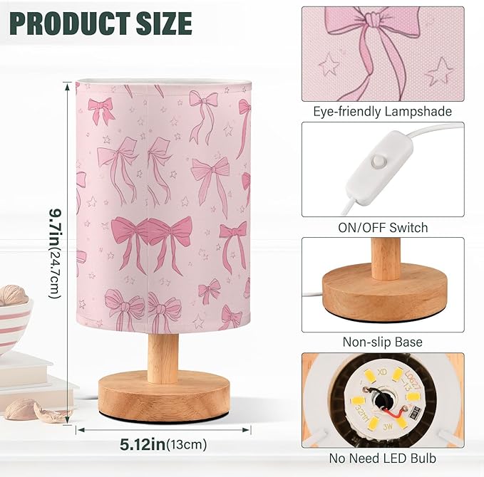 Aslsiy Cute Coquette Ribbon Bow Bedside Table Lamp Pink Star Nightstand Lamp Night Light Fabric Shade for Bedroom Living Room Home Office