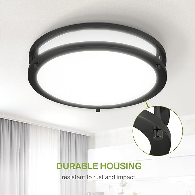 ASD LED 12" Round Flush Mount Lighting, Close to Ceiling Light Fixture | 3CCT, Dimmable, Energy Star, ETL Listed | 20W 1532LM 3000-5000K 120V | Low Profile Double Ring Lamp | Black