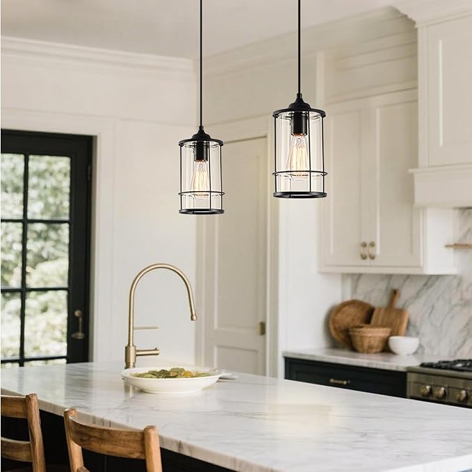 AKEZON Pendant Lights, Black Hanging Light Fixtures Kitchen Island 2 Pack with Clear Glass, Modern Industrial Cage Pendant Lighting for Kitchen Dining Room Entryway Bathroom