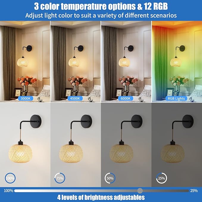 Vitnucrol Battery Operated Wall Sconce Set of Two, Bamboo Rechargeable Boho Wireless Sconces with Remote, Dimmable Non-Hardwired Farmhouse Wall Lights for Bedroom Living Room (Black, 8 inches)