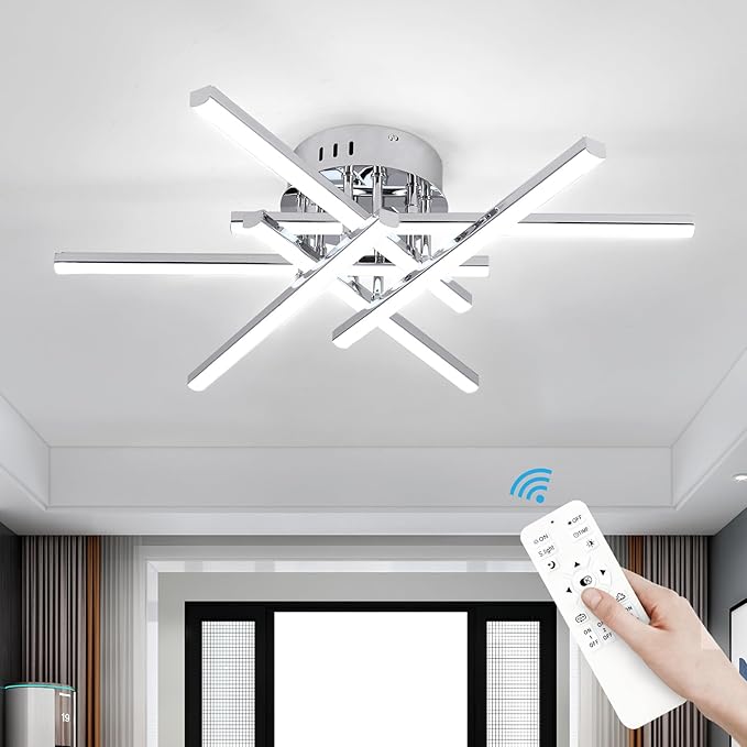 CANEOE Modern Led Ceiling Light,50W Sputnik LED Dimmable Ceiling Light Fixture with Remote Control, Chrome Flush Mount Chandelier Ceiling Lighting for Bedroom Living Room Kitchen Office Ceiling Lamp
