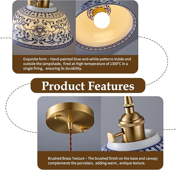 Ceramic Pendant Light, Chinese Blue and White Porcelain Pendant Light fixtures, Bedside Light, Hanging lamp for Kitchen Island Light Fixture, Home Bedroom Dining Room Ceiling Hanging Light 8.7in