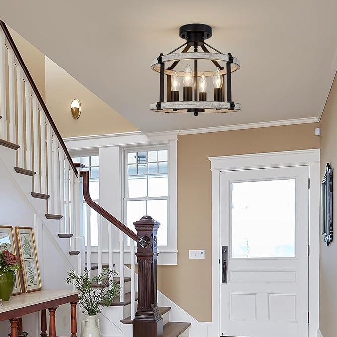 12.5" Farmhouse Semi Flush Mount Ceiling Light,4 Light Rustic Semi Flush Ceiling Light,Black+Oak Finish Industrial Semi Flush Light Fixture for Hallway Entryway Bedroom Balcony Laundry Room