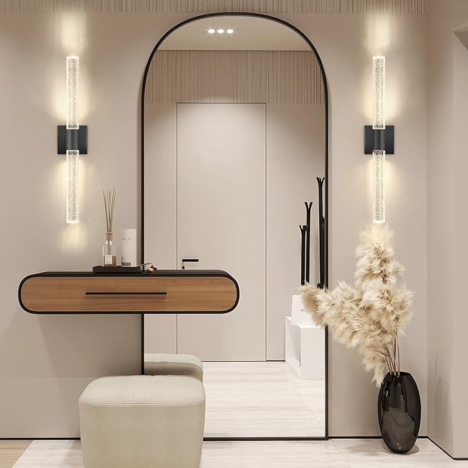 Black LED Wall Sconces Set of 2 with LED Warm Light Interior Glam Crystal Wall Light, Hardwired