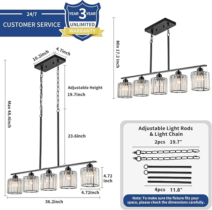 36" Black Chandeliers for Dining Room Light Fixtures over Table, 5-Light Black Linear Farmhouse Pendant Lights Kitchen Island Lighting, Modern Island Lights for Kitchen with Clear K9 Cystal Shades