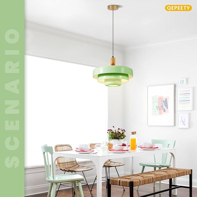 Mint Green Pendant Light with Solid Wood, 13.8 Inch Adjustable Modern Farmhouse Ceiling Lamp for Kitchen Island, Pantry, Dining Room, Living Room