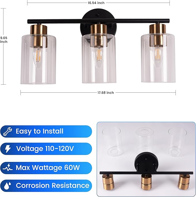 Bathroom Vanity Light, 3-Light Wall Sconce, Modern Matte Black and Gold Brushed Brass with Clear Glass Classic Lamp for Dressing Table, Bathroom Light Fixtures Over Mirror Bedroom Hallway