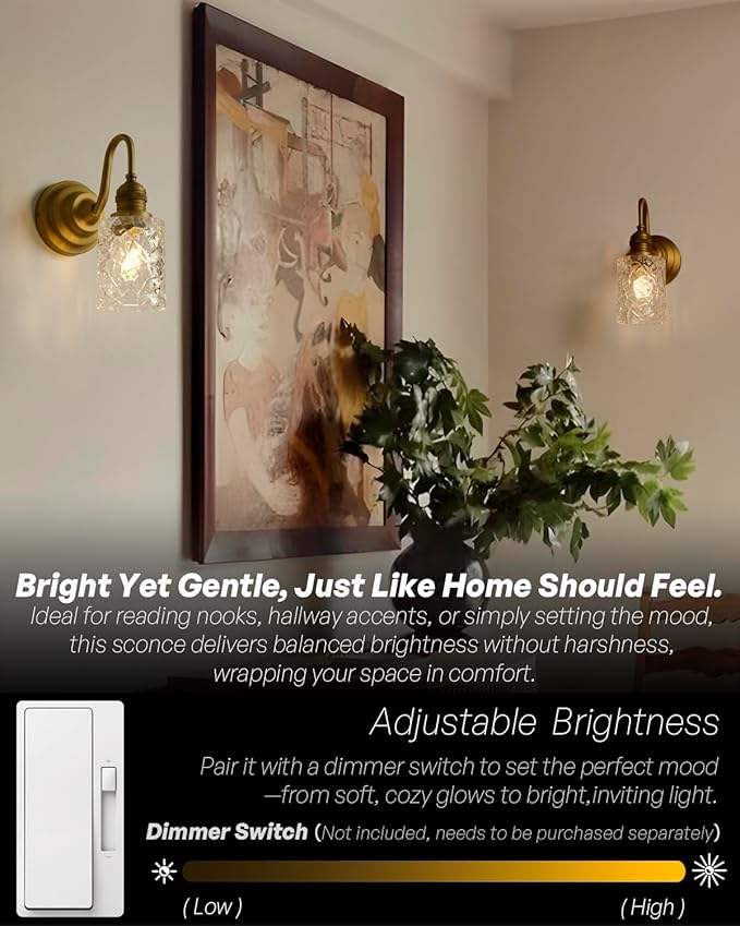 Vintage Wall Sconce Brass Gold Bathroom Vanity Light with Clear Ripple Glass Shade Indoor Hardwire Wall Mounted Lamp Light for Bathroom Mirror Living Room Bedroom Kitchen
