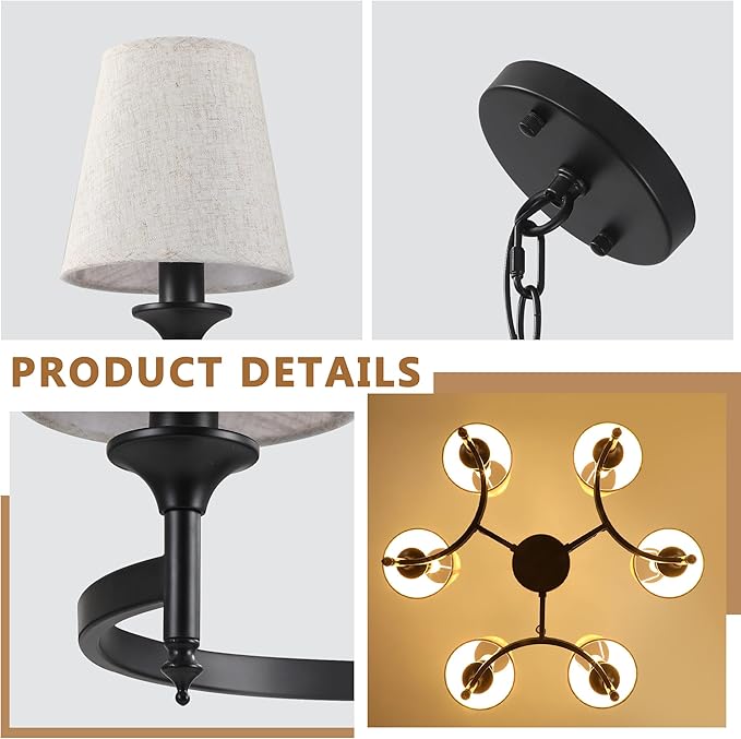 Black Industrial Farmhouse Chandelier, 27.2" 6-Light Pendant Light with Linen Fabric Shades, Adjustable Hanging Fixture for Kitchen Island Dining Room Bedroom Entryway