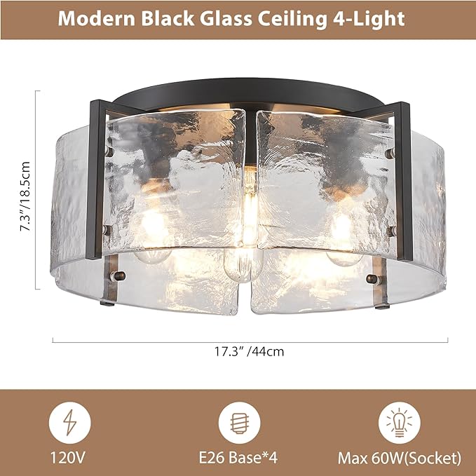 17.3“ Semi Flush Mount Ceiling Light Fixture, Black 4-Light Modern Water Ripple Chandelier Glass Light Fixture for Entryway Hallway Kitchen Island Dining Room Foyer Bedroom Laundry Hallway