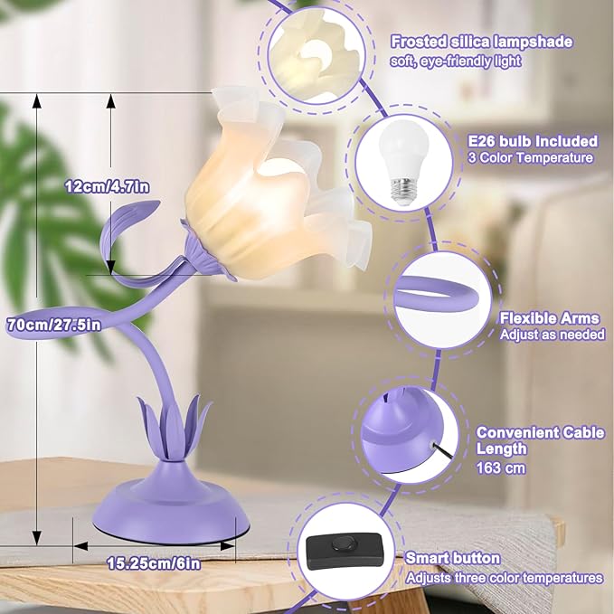 Flower Desk Lamp, LED Reading Light Flower Table Lamp, 3 Colors Flower Lamp for Girls Bedroom, Adjustable Flexible Nightstand Lamps, Bedside Table Lamp for Bedroom, Living Room, Home Decor (Purple)