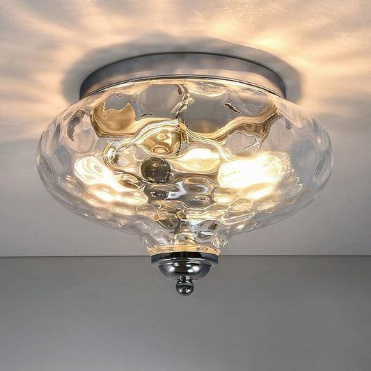 EDISLIVE Modern 2-Light Hammered Glass Flush Mount Light Pendant Ceiling Light Fixture 10.2" Indoor Ceiling Light for Hallyway Foyer Bedroom(Chrome)