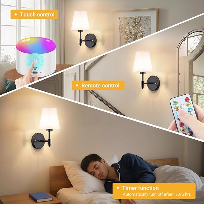 YHCDLAMP Battery Operated Wall Sconces Set of Two, Rechargeable Wireless Wall Lights with 10000mAh RGB Dimmable Detachable Bulb, Battery Sconces Wall Decor with Remote for Bedroom Living Room Hallway