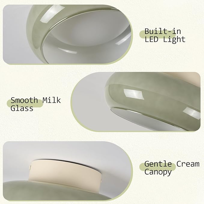 TeHenoo Modern LED Ceiling Light,11 inch,Olive Green Milk Glass Shade,3000K/Warm White/15W,Mid Century Flush Mount Light for Hallway,Laundry Room,Living Room