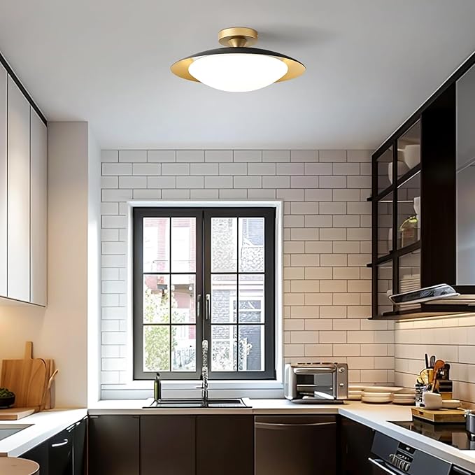 Dimmable Modern Mid-Century Ceiling Light, Black and Gold LED Semi Flush Mount Ceiling Light, 5CCT 2700K-6000K Lighting Fixture Ceiling Lamp with Glass Shade for Bedroom Kitchen Living Room, 15.8in