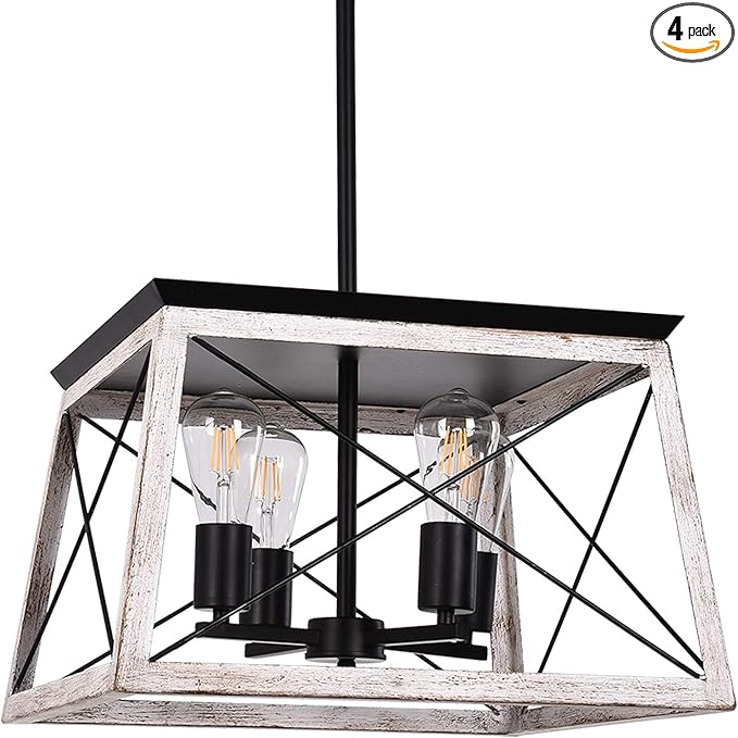 Luupyia Farmhouse Pendant Light Fixture, 4-Lights, Adjustable, Rectangular Rustic Chandeliers Farmhouse Light Fixture Vintage Island Lighting for Dining Room, Entryway and Living Room Beige